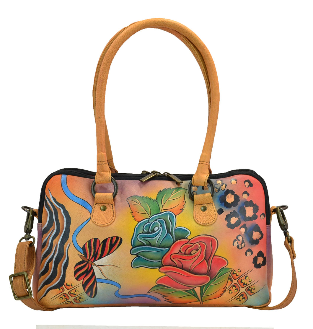 Anna by Anuschka style 8038, handpainted Multi Compartment Satchel. Rose Safari painting in multi color. Featuring easy access to central compartment with double magnetic snap closure, Removable strap, Fits E-Reader, Fits tablet.
