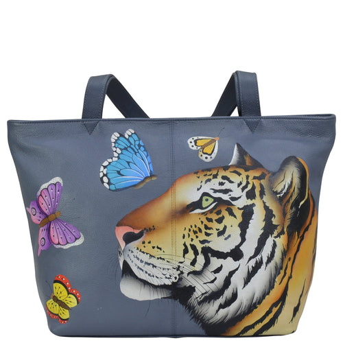 Anna by Anuschka style 8045, handpainted Large Tote. Royal Tiger painting in grey color. Featuring inside zippered wall pocket, Fits Laptop.