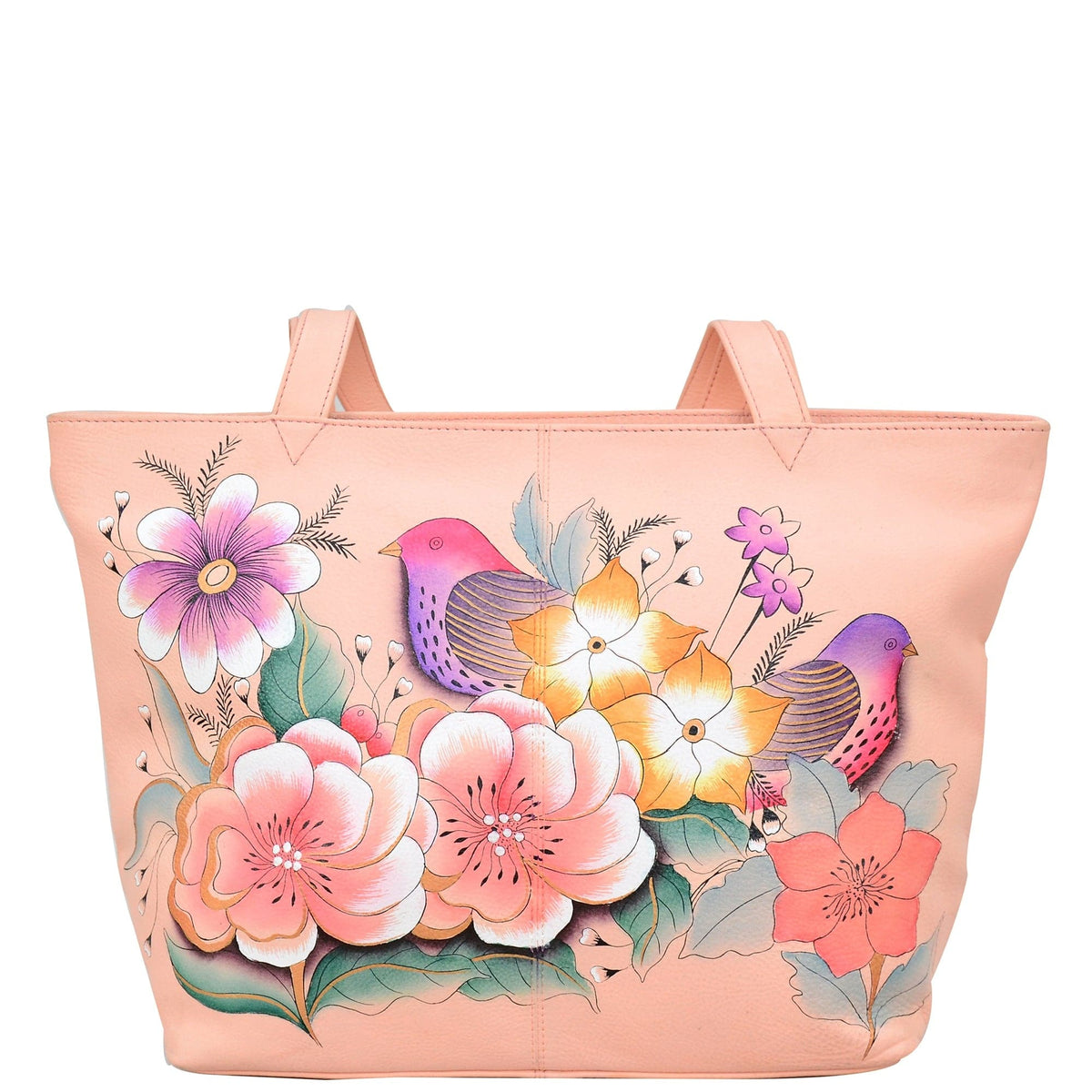 Anna by Anuschka style 8045, handpainted Large Tote. Vintage Garden painting in pink/peach color. Featuring inside zippered wall pocket, Fits Laptop.