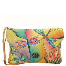 Load image into Gallery viewer, Anna by Anuschka style 8057, handpainted Envelope Clutch. Dragonfly Glass Painting painting in multi color. Featuring inside zippered wall pocket, cell and multi purpose pocket, Turn Lock, Fits tablet, Fits E-Reader.
