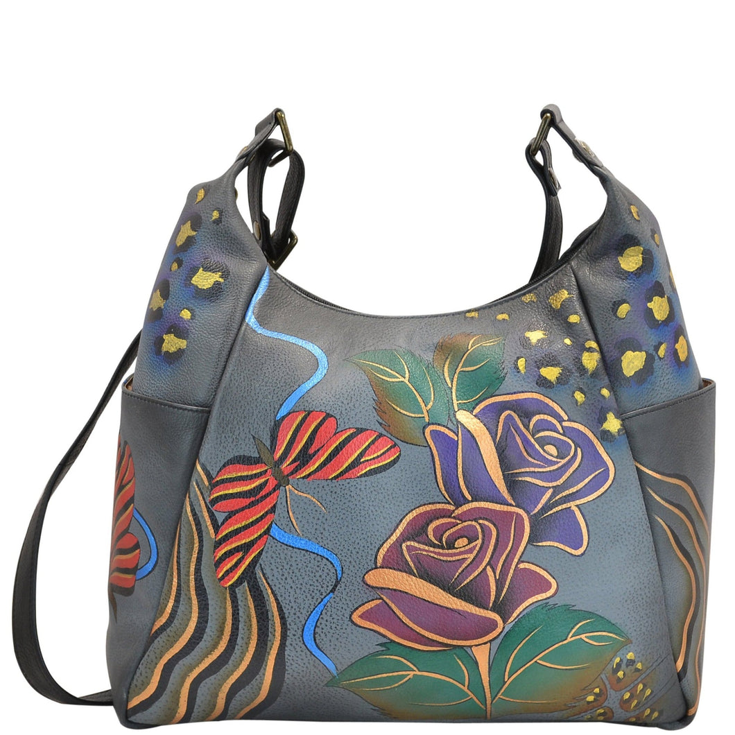 Anna by Anuschka style 8060, handpainted Large Multi Pocket Hobo. Rose Safari Grey painting in grey color. Featuring inside zippered wall pocket and two multipurpose pockets.