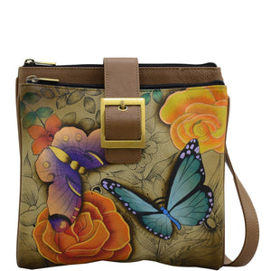 Anna by Anuschka style 8069, handpainted Triple Compartment Travel Organizer. Floral Paradise Tan painting in tan color. Featuring built-in organizer, Central compartment with double magnetic closure, Fits tablet, Fits E-Reader.