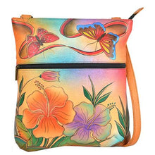 Load image into Gallery viewer, Anna by Anuschka style 8071, handpainted Slim Cross Shoulder Bag. Antique Hibiscus painting in multi color. Featuring inside zippered wall pocket, cell and multi purpose pocket, Fits E-Reader, Fits tablet, Fits phone.
