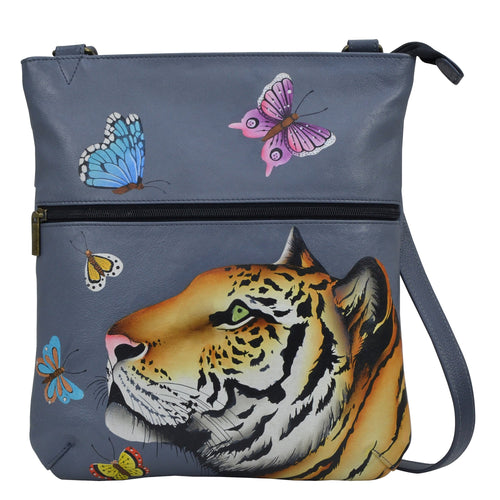 Anna by Anuschka style 8071, handpainted Slim Cross Shoulder Bag. Royal Tiger painting in grey color. Featuring inside zippered wall pocket, cell and multi purpose pocket, Fits E-Reader, Fits tablet, Fits phone.