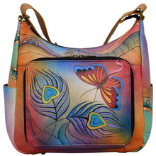 Load image into Gallery viewer, Anna by Anuschka style 8209, handpainted Organizer Hobo. Peacock Butterfly painting in multi color. Featuring front all round zippered organizer pocket with five credit card holders, one ID window, two penholders, open pocket, Fits tablet, Fits E-Reader, Built-in organizer.
