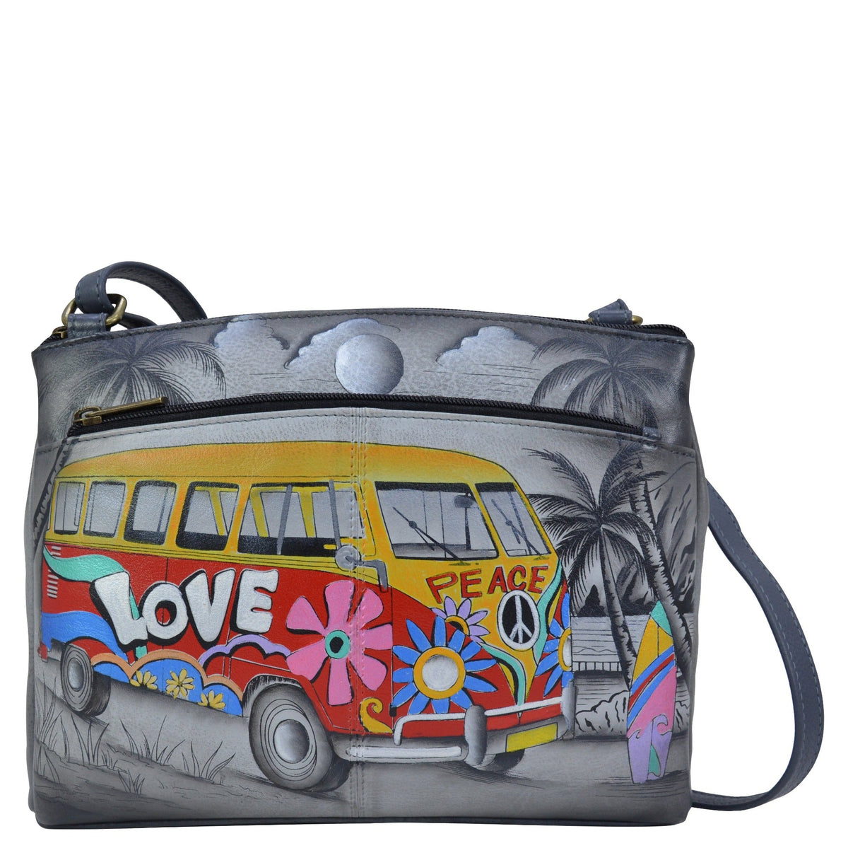 Anna by Anuschka style 8265, handpainted Cross Body Organizer. Happy Camper painting in grey color. Featuring magnetic snap button entry to central compartment, Fits tablet, Fits E-Reader, Built-in organizer.