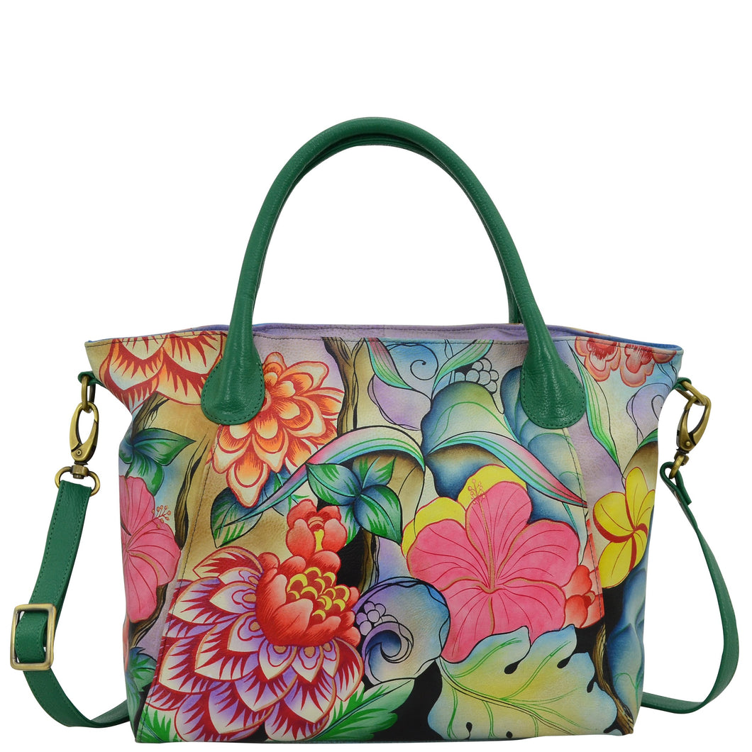 Anna by Anuschka Style 8293, handpainted Slouch Tote. Whimsical Garden painting
