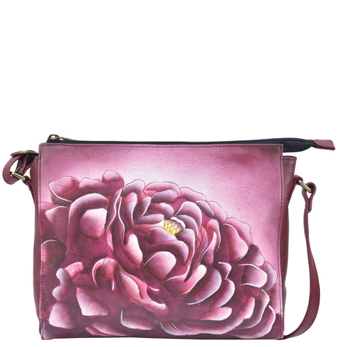 Anna by Anuschka Style 8334, handpainted Slim Medium Crossbody. Precious Peony painting in red color. Featuring inside full length zippered wall pocket, one open wall Pocket, two multipurpose pockets, rear zippered pocket, slip in cell pocket.