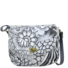 Load image into Gallery viewer, Anna by Anuschka style 8337, handpainted Flap Crossbody. Patchwork Pewter painting in grey color. Featuring one full length zippered wall pocket, under flap, inside one full length zippered wall pocket and two multipurpose pockets.
