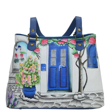 Load image into Gallery viewer, Anna by Anuschka style 8397, handpainted Shoulder Satchel. Magical Greece painting in blue color. Featuring inside two multipurpose pockets with gusset, one zippered wall pocket and one open wall pocket.&quot;
