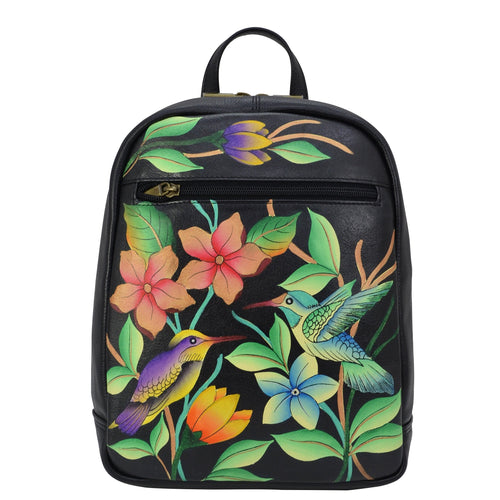 Anna by Anuschka style 8481, handpainted Medium Backpack. Birds in Paradise Black in Black color. Featuring iPad chamber with hook and loop fastener, one multipurpose pocket with gusset and front one full length zippered pocket.