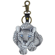 Load image into Gallery viewer, Anuschka style K0023, handpainted Leather Bag Charm. Cleopatra&#39;s Leopard painting in black, grey and silver color. Soft, padded, antique leather key charm.
