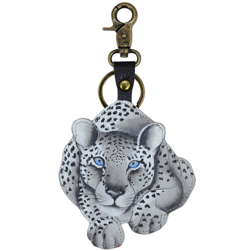 Anuschka style K0023, handpainted Leather Bag Charm. Cleopatra's Leopard painting in black, grey and silver color. Soft, padded, antique leather key charm.
